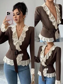 Elenzga Women's Elegant Fashion Commuter Casual Comfortable Charming Retro Gentle Lady Modern Romantic Holiday Autumn/Winter Long Sleeve V-Neck Cardigan With Belt, Waist Cinched, Lace Trim Patchwork Blazer