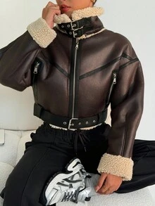 SHEIN Dewbera 女式短款仿毛领夹克 - 棕色 - 查看 7