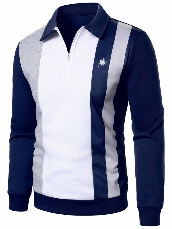 Manfinity Bizformal Men Fashionable Color Block Long Sleeve Rugby Long Sleeve Pullover Sweatshirt, Fall Polo Shirts For Men Long Sleeve Rugby Shirt Polo Rugby Long Sleeve For Men Polo Sweater