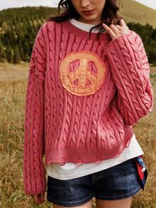 Bohemela Kỹ thuật nhuộm đặc biệt màu đỏ cổ điển giản dị cho tông màu phai nhẹ, Áo len dệt kim dáng rộng tay dài họa tiết hòa bình chắp vá trang trí hòa bình, Phong cách đồng quê miền Tây cổ điển cho kỳ nghỉ, Trở lại trường, Halloween, Giáng sinh, Thích hợp cho mùa thu/đông - Hồng - Xem 8