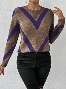 SHEIN LUNE 2024秋冬新品几何条纹套头衫 - 彩色 - 查看 3
