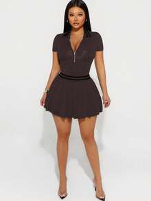 Sirith Women's Summer Striped Patchwork Zip-Up Fitted Bodysuit - Coffee Brown - View 3