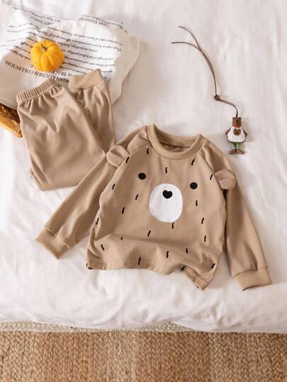 幼儿男童华夫格卡通熊耳印花棕色家居服，秋冬款