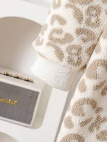 女士豹纹长袖连帽连体衣，带3D耳朵设计，毛茸茸的，冬季款 - 米色 - 查看 6