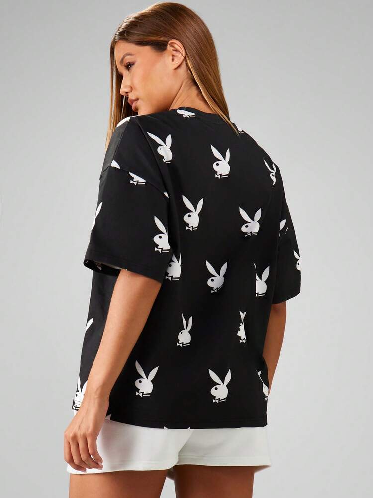 Missguided x Playboy Oversized Crew Neck Short Sleeve Cotton Tee With Iconic Bunny Print All Over Design - Black and White - View 2