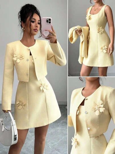 Selianne 秋冬女装优雅两件套西装优雅粗花呢短款西装外套+无袖修身连衣裙优雅西装下午茶女套装上班/办公室