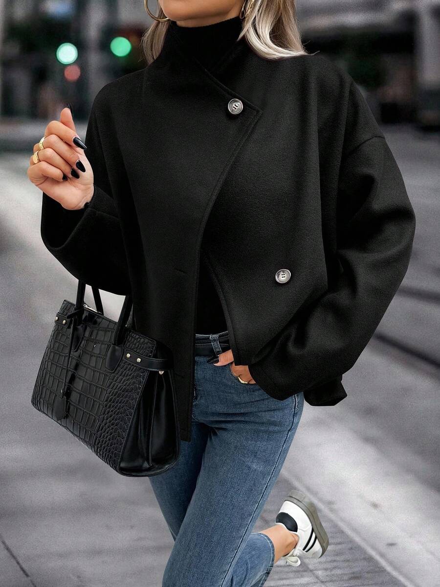 EMERY ROSE Áo khoác ngoài ngắn tay dài cổ đứng màu trơn thường ngày cho nữ, mùa thu - màu đen - Xem 1