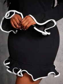 SHEIN SXY Plus Size Women's Autumn And Winter Round Neck White Edge Spliced Cuffs And Hem Ruffled Trim Tight Dress,Suitable For Office,Prom,Ball,Valentine's Day Black Long Sleeve Dress Ruffle Trim Dress