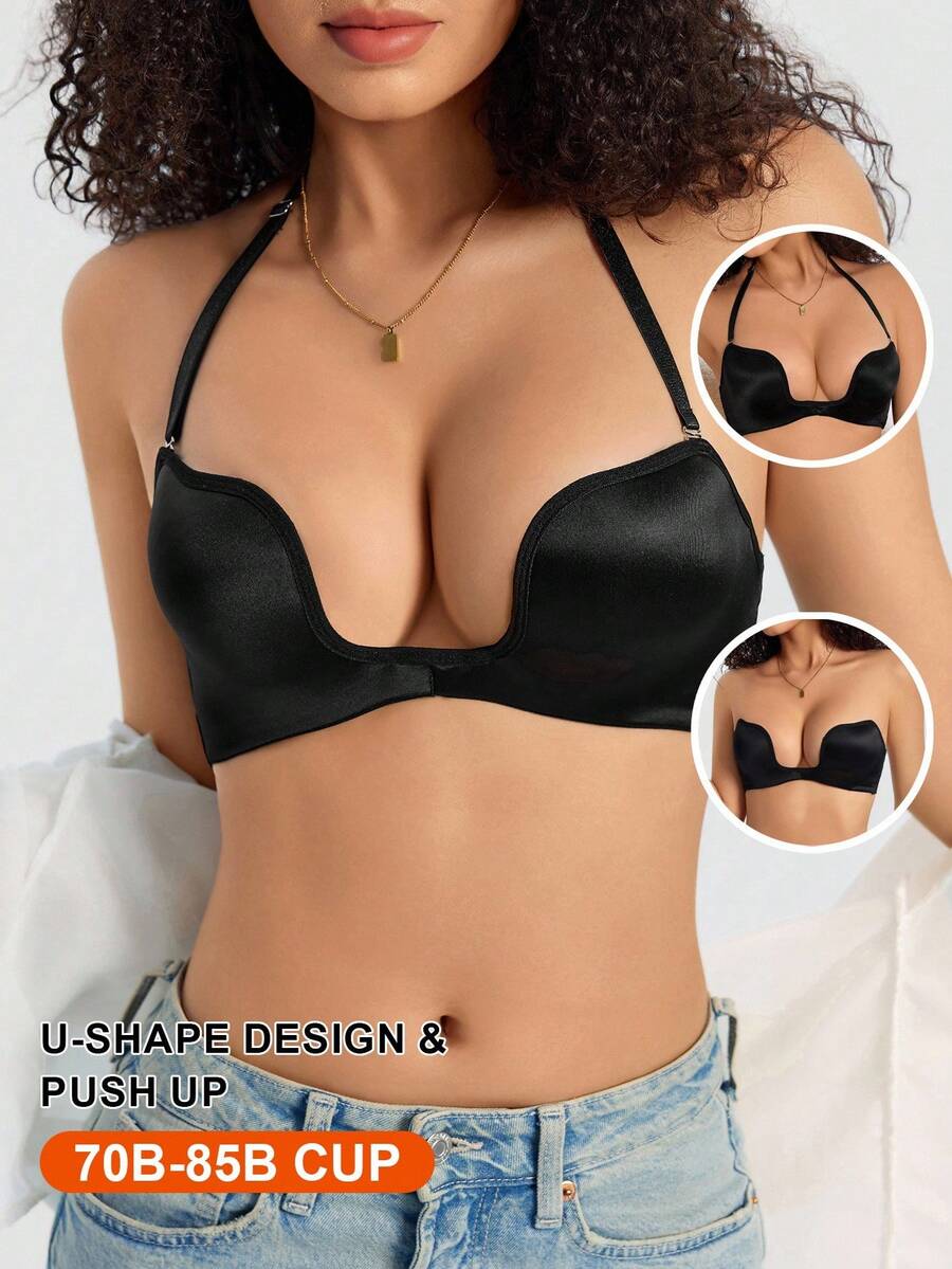 1pc Women's Solid Color Fashion Underwire Bra - Black - View 1