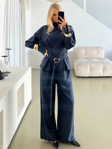 Siren Gaze 女式条纹领口收腰通勤西装，秋冬 - 藏蓝色 - 查看 7