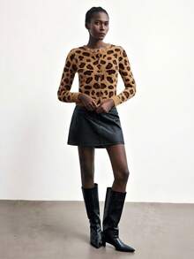 Maija Women's 2025 Leopard Print Rhinestone Fuzzy Short Fitted Cardigan, Women's Winter Sweater , Autumn Clothes, Autumn Clothes For Women, Halloween Costumes, Halloween Clothes For Women, New Year Clothes,Thanksgiving Outfit For Women,Leopard Print, Graphic Sweater, Sparkly Sweater, Brown Top