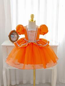 SHEIN Glamorique Kids 女婴橙色荷叶边泡泡袖派对连衣裙，适合圣诞节、生日、婚礼、节日等场合 - 橘色 - 查看 3