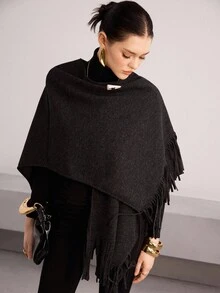 Heiryn Women's Elegant Minimalist Fringe Hem Lapel Poncho Coat, Autumn/Winter - Dark Grey - View 1