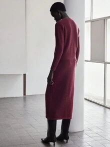 Lumivelle Set elegant de 2 piese pentru femei, cu pulover parfumat, mânecă lungă, guler rotund și fustă maxi, potrivit pentru ocazii formale în toamnă/iarnă - roșu - Vizualizare 2