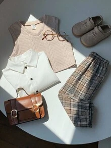 SHEIN 男宝宝秋冬可爱百搭针织背心、格子裤、白衬衫三件套，适合生日派对、锐舞派对、晚宴、演出、婚礼、迎婴派对、一周岁生日庆祝等场合。 - 彩色 - 查看 7