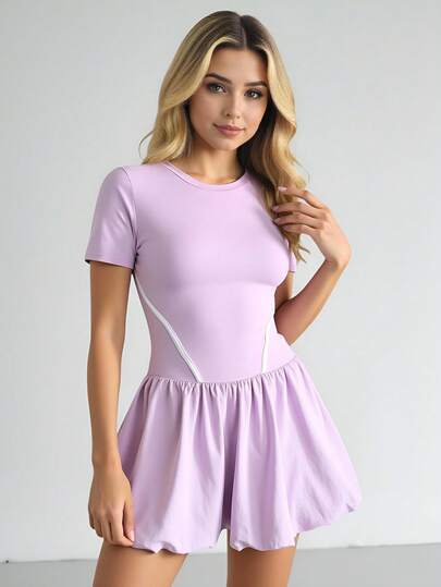Dewbera Women's Solid Color Round Neck Short Sleeve Ruffle Hem Sports Dress