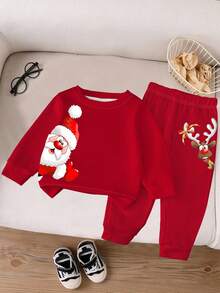 SHEIN Playful Pals 1 套男婴休闲可爱卡通圣诞老人和驯鹿印花圆领运动衫和运动裤套装，适合圣诞节、秋冬季 - 彩色 - 查看 3