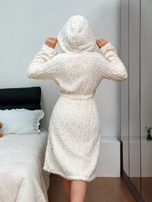 Snug Zone Women's Cozy Jacquard Wheat 3D Ear Hooded Bathrobe With Tie Waist , Fluffy, Winter - White - View 3