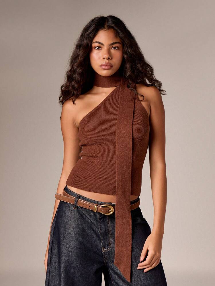 One Shoulder Ribbed Knit Choker Top With Long Sleeve