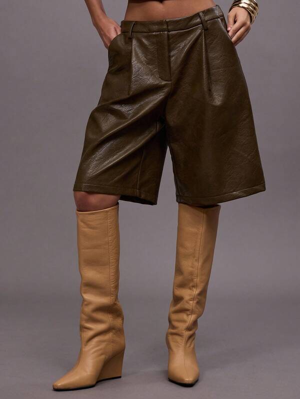 MUSERA Pantalón de traje plisado de piel sintética de estilo coordinado solo para Bottom, para salir de noche, streetwear, lindo, de vuelta a la escuela, sexy, sin cortar, Navidad