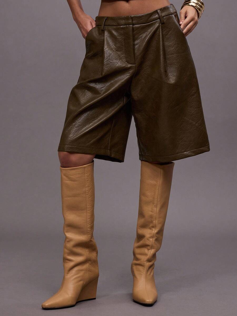 MUSERA Pleated Suit Pant Style Faux Leather Co-Ord Bottoms Only Night Out Going Out Streetwear Cute Sexy Uncut Party - Army Green - View 1