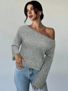 Firerie Women's Elegant Casual Versatile Textured Yarn Off-Shoulder Loose Sweater, Long Sleeve Top, Suitable For Spring, Summer, Autumn And Winter,Cozy Fall And Winter Clothes For Women