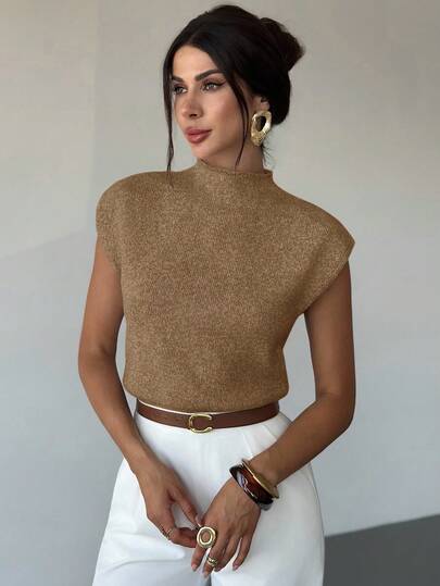 Firerie Elegant High Neck Loose Casual Versatile Sleeveless Knit Sweater Vest Going Out Tops Women,Tops For School In Fall/Winter