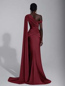 Elitara Elegant & Fashionable Apocalyptic Chocolate Brown Knit Fabric Asymmetric Shoulder Half-Exposed Shoulder Tailored Fitted Mermaid Hem Dress, Handcrafted Dimensional Pleats Metal Buckle Waist Crossover Ruched Fitted Mermaid Hem, Suitable For Fashion Galas, Formal Dinners, Business Events, Balls, Cocktail Parties, Halloween Parties, Wedding Guest Dresses