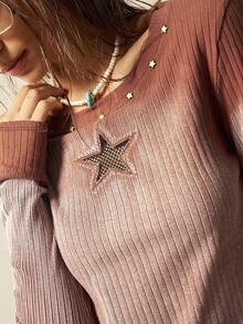 Bohemela 女式休闲纯色针织拼布长袖 T 恤 - 摩卡棕 - 查看 4