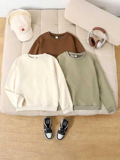 Mirajuku 3pcs/Set Boys' Casual Solid Color Basic Crew Neck Pullover Sweatshirts, Suitable For Autumn Daily Commute, Sports, Can Be Worn With Jacket In Winter