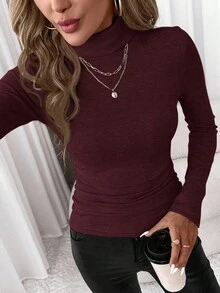 Editum Women's Thick High Neck Undershirt, Versatile For Autumn/Winter,Red Top Spring Summer Elegant Valentine's Day  Red - Burgundy - View 3