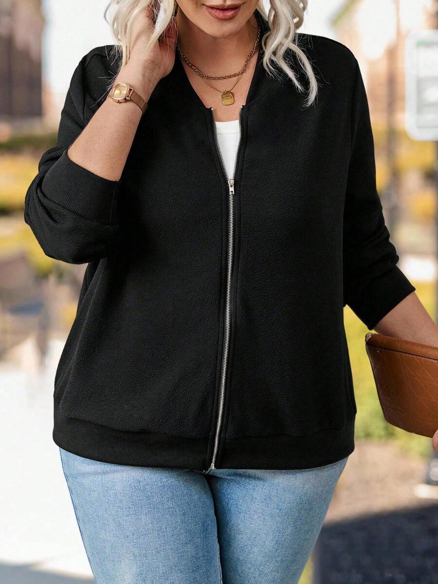 Plus Size Women's Solid Color Long Sleeve Casual Baseball Jacket, Spring Autumn Fall Winter Cloth For Women - Black - View 1