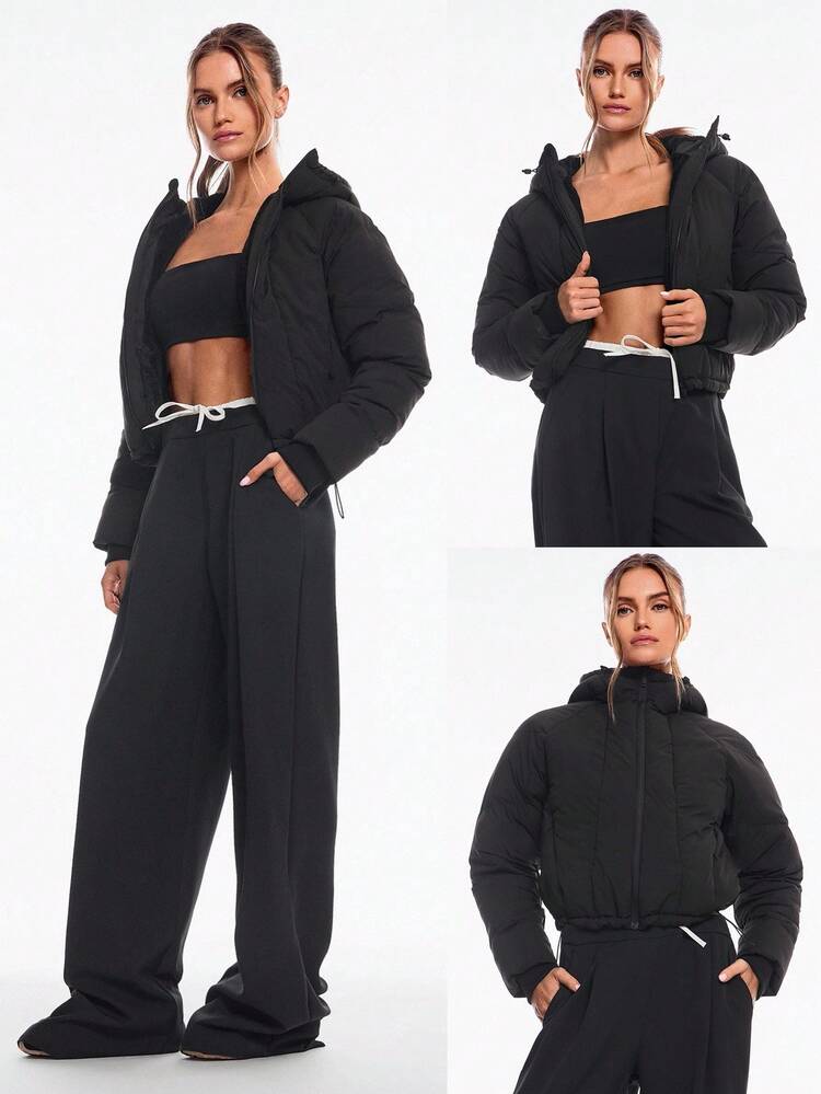 Cozy Crush Silky Smooth Warm Adjustable Drawstring Hem Hood Fleece Lined Cropped Puffer Jacket Autumn Winter Outdoors Daily Casual Wear