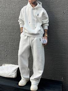 DAZY 男士刺绣设计保暖内衬连帽衫套装，浅灰色，秋冬