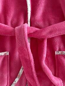 Girls' Cute Rabbit Embroidered Floral Fleece Robe, Comfortable Casual Loungewear For Autumn/Winter - Hot Pink - View 7