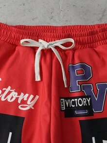 ROMWE MEN Street Life Herrbyxor med bokstavs- och schackrutmönster och dragsko i midjan - Röd - Visa 3