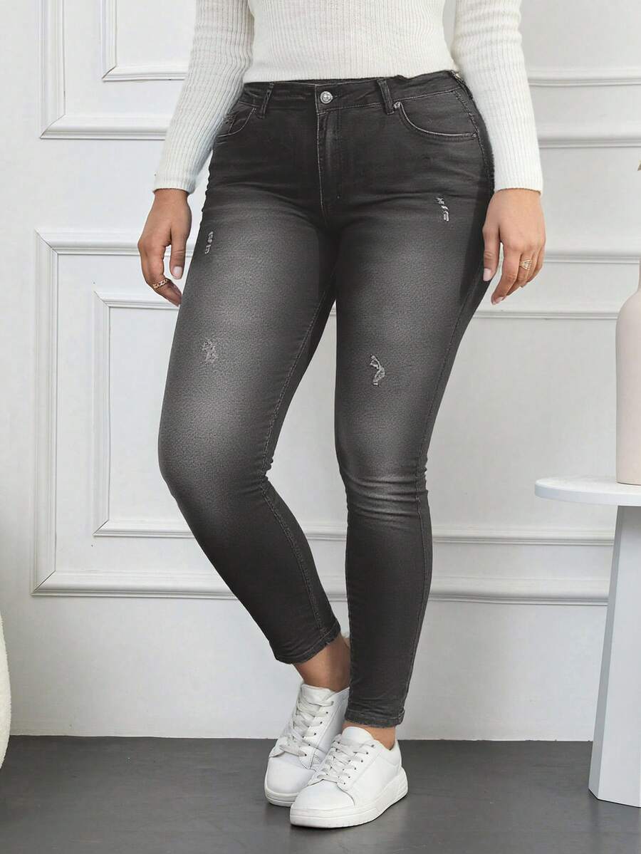 SHEIN Cottnline 98%Cotton Plus Size High-Waisted Tight Jeans, Water Washed - Dark Grey - View 1