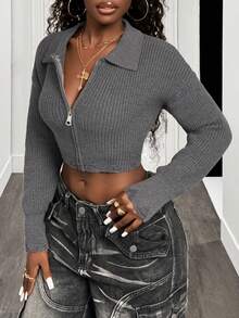 SHEIN BamGlam 女士时尚纯色短款开衫，秋季 - 深灰色 - 查看 3