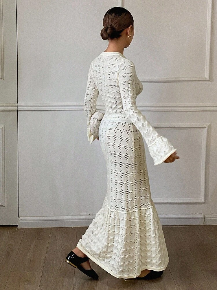 Women's Elegant Minimalist Fashion Knit Midi Dress, Loose Casual Business Office Commute Wear, Autumn/Winter Sweater Dress