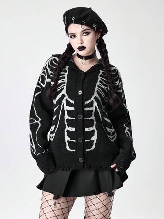 Gothic Skelett Jacquard Vintage Design Kapuzen Strickjacke für Frauen