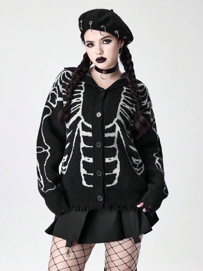 Halloween  Gothic Skeleton Jacquard Distressed Design Hooded Cardigan Sweater For Women