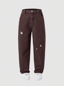 SHEIN Tween Boy Distressed Individuality Simple All-Match Versatile Full Horse Ripped Fashionable Street Funny Wind Comfortable Straight Leg Jeans - Coffee Brown - View 3