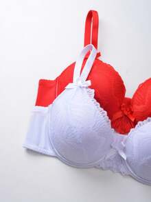 Snug Zone 2pcs Christmas Lace Patchwork Supportive & Adjustable Romantic Minimalist Bra Set For Women - Red and White - View 4