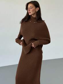 Aloruh Bộ 2 món áo len dệt kim màu tím dày dặn mùa đông mới cho nữ, áo len dáng rộng, váy liền thân - màu nâu - Xem 6