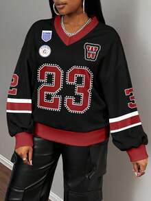 Slaydiva 2025 Autumn/Winter Casual Minimalist Jersey Design Sweatshirt, Number 23 Rhinestone-Effect Contrast Trim V-Neck Loose Fit Hoodie, Black