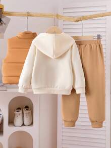 3pcs Girls Casual Cute Daily Outfit Set: Hooded Long Sleeve Sweatshirt, Brown Vest, Long Pants, Fashionable Winter Children Outdoor Wear - Brown - View 2