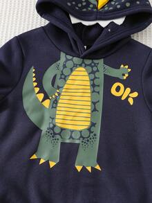 Cozy Pixies 小男孩卡通恐龍圖案針織柔軟連帽3D耳朵長袖套頭衛衣，秋季返校休閒時尚衛衣，校園穿搭 - 彩色 - 查看 5