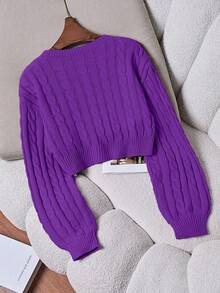 Franclia Casual Solid Color Lantern Sleeve Sweater, Autumn - Purple - View 2