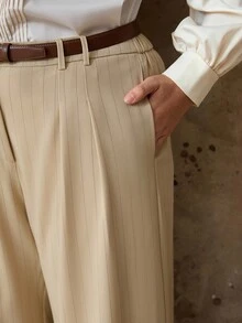 Flirla Pantalones rectos casuales y sueltos de talla grande para mujer, de cintura media con rayas tejidas - Caqui - Ver 4