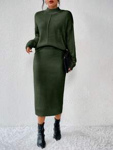 EMERY ROSE Damen Set aus einfarbigem Pullover mit Stehkragen und Drop Shoulder, Langarm sowie gestricktem Midi-Rock, Lässig für Herbst/Winter - Armeegrün - Übersicht 4